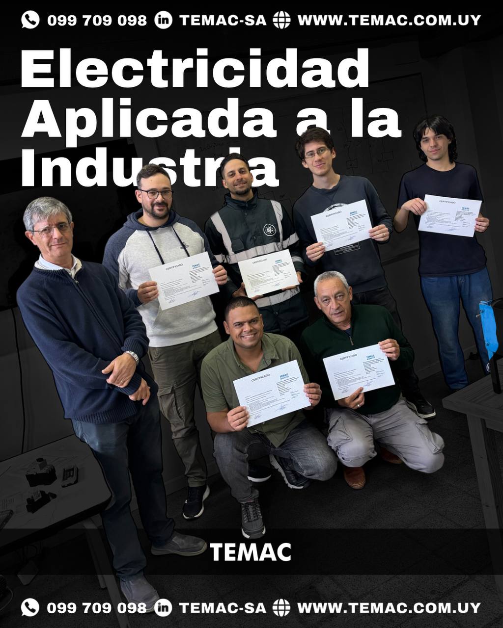 Profesionales y técnicos egresados del curso de capacitación industrial en Electricidad Aplicada dictado por TEMAC S.A. en Montevideo, Uruguay.
